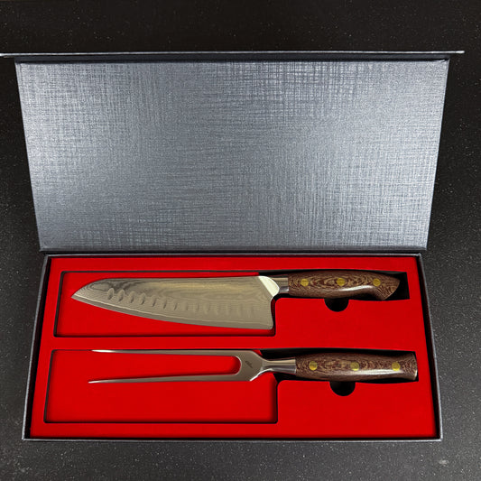Conjunto Parrillero de Acero Damasco Cuchillo y Pincho "Llaima"