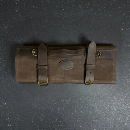 Estuche Profesional para 12 Cuchillos en Lona Encerada y Cuero “Morral Café”