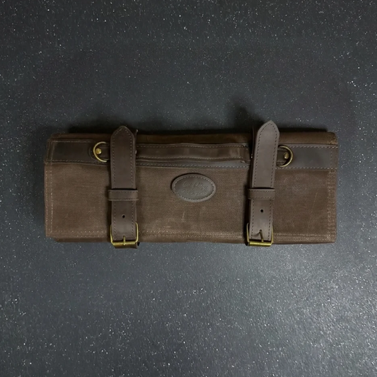 Estuche Profesional para 12 Cuchillos en Lona Encerada y Cuero “Morral Café”