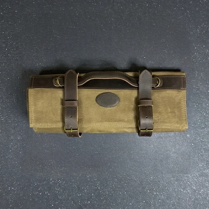 Estuche Profesional para 12 Cuchillos en Lona Encerada y Cuero “Morral Verde”