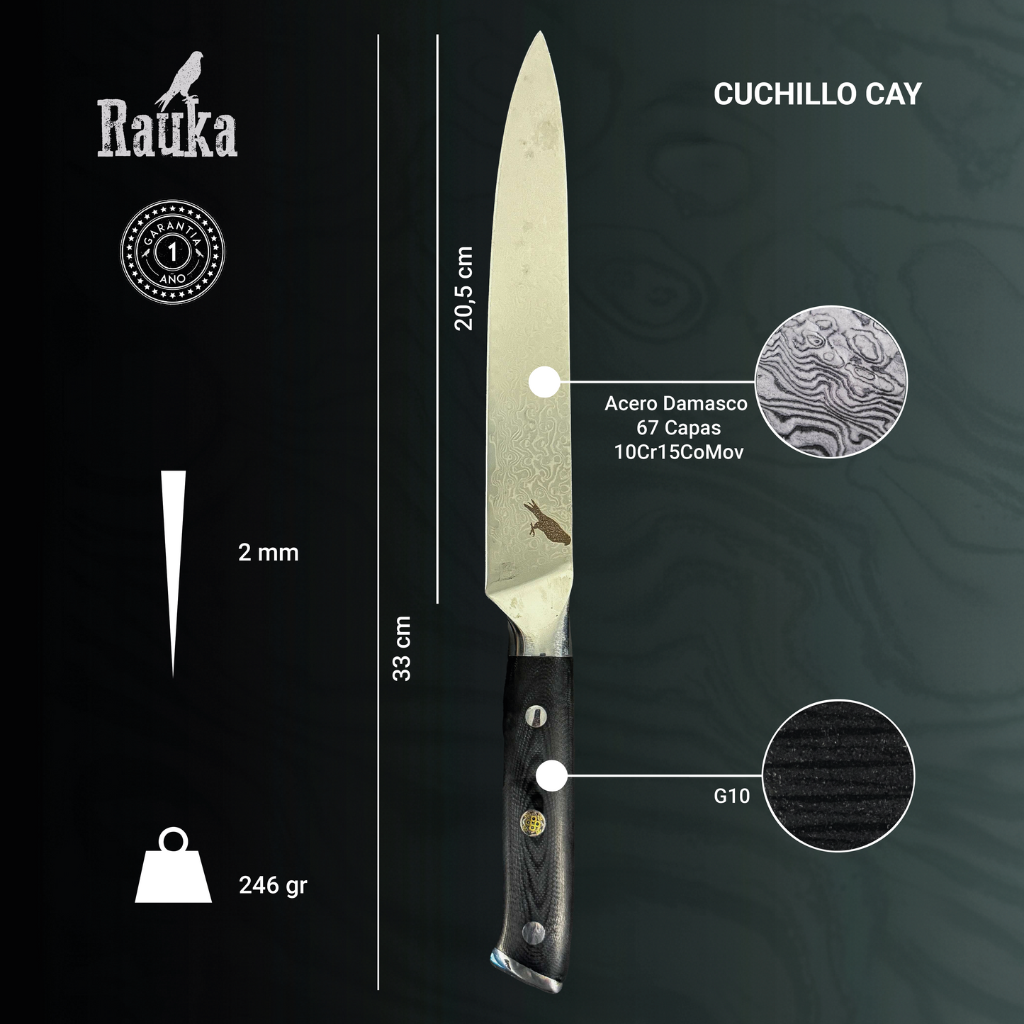 Cuchillo de Cocina de Acero Damasco 33cm "Cay"