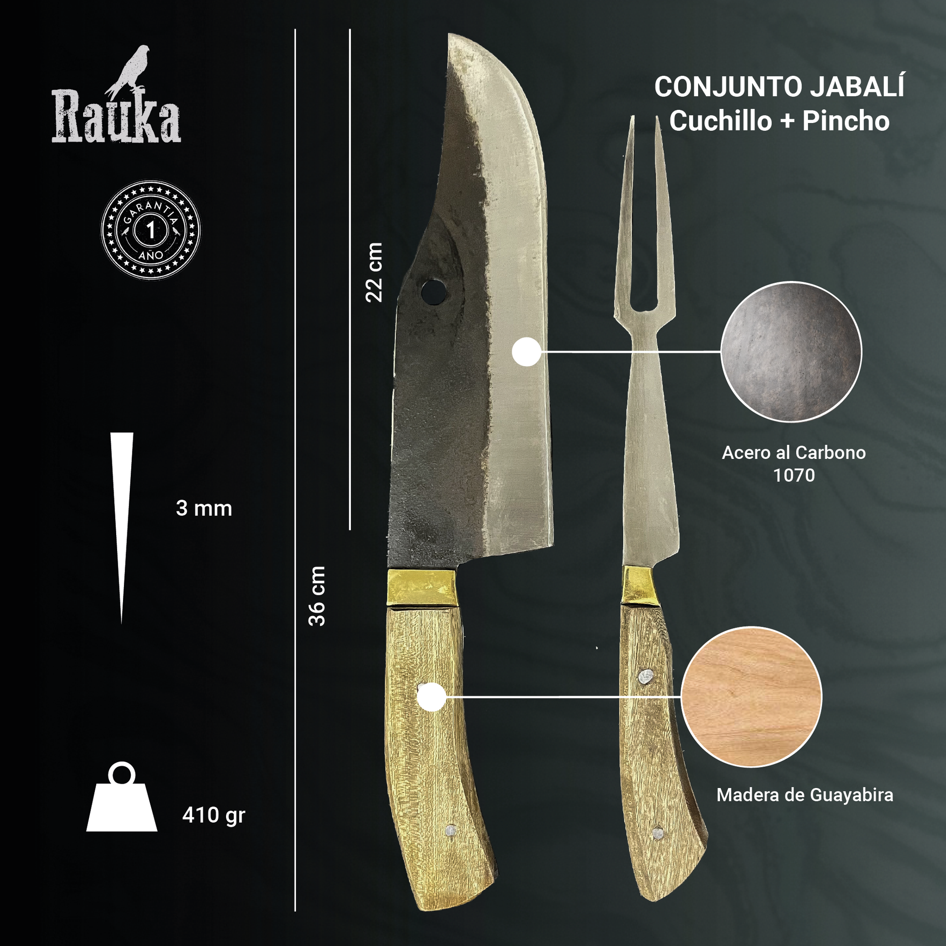 Ficha técnica Conjunto Cuchillo Bowie "Jabalí" 36cm + Pincho