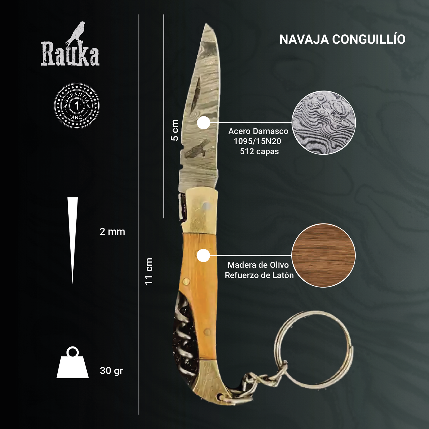 Ficha técnica Navaja Llavero de Acero Damasco 11cm “Conguillío“