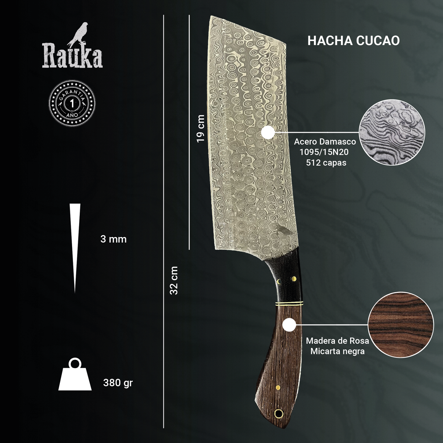 Hacha de Cocina de Acero Damasco 32cm "Cucao"
