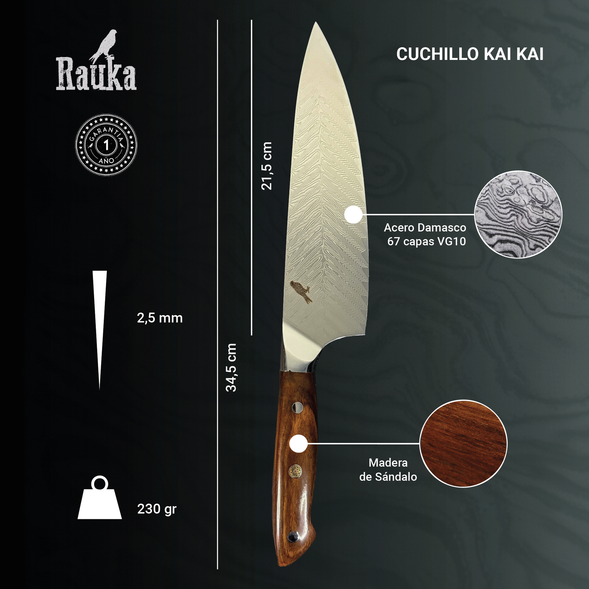 Ficha técnica Cuchillo de Cocina Chef de Acero Damasco 34,5cm "Kai Kai"