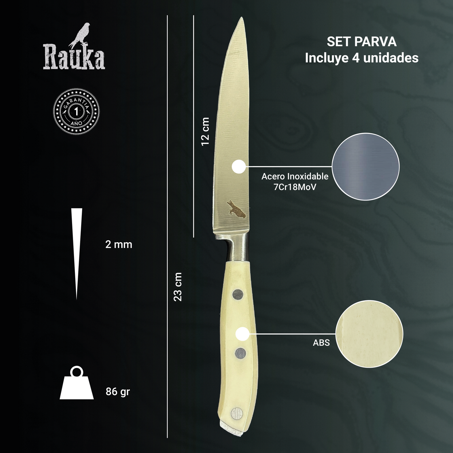Ficha técnica Set de 4 Cuchillos de Mesa Acero Inoxidable 23cm "Parva"