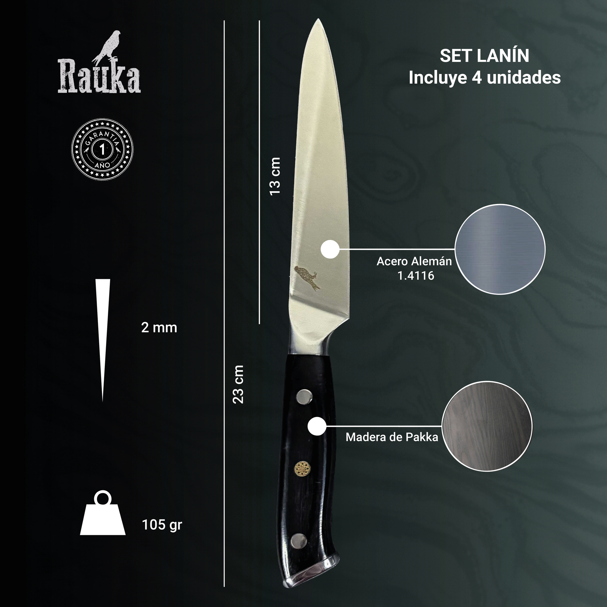 Ficha técnica Set de 4 Cuchillos de Mesa Acero Inoxidable 23cm "Lanín"