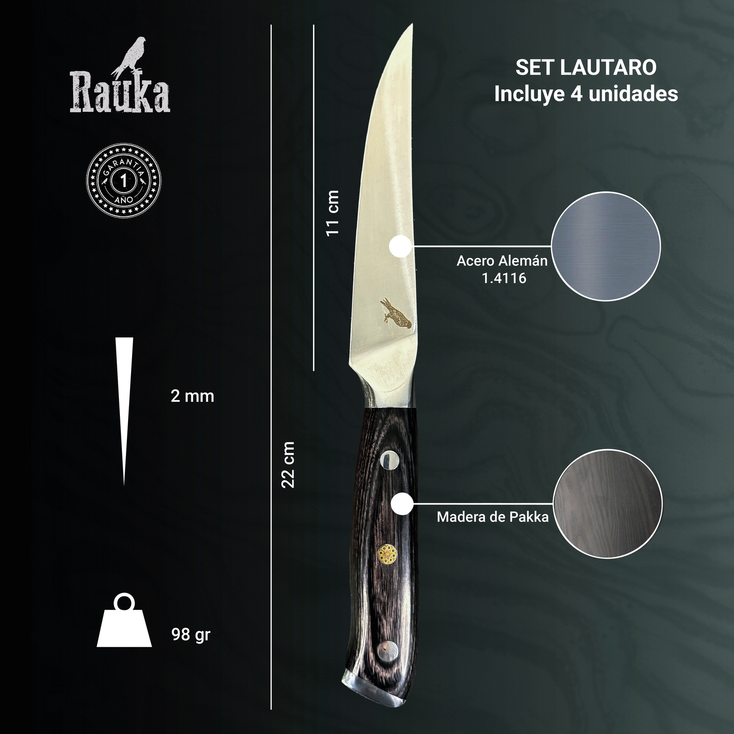 Ficha técnica Set de 4 Cuchillos de Mesa Acero Inoxidable 22cm "Lautaro"