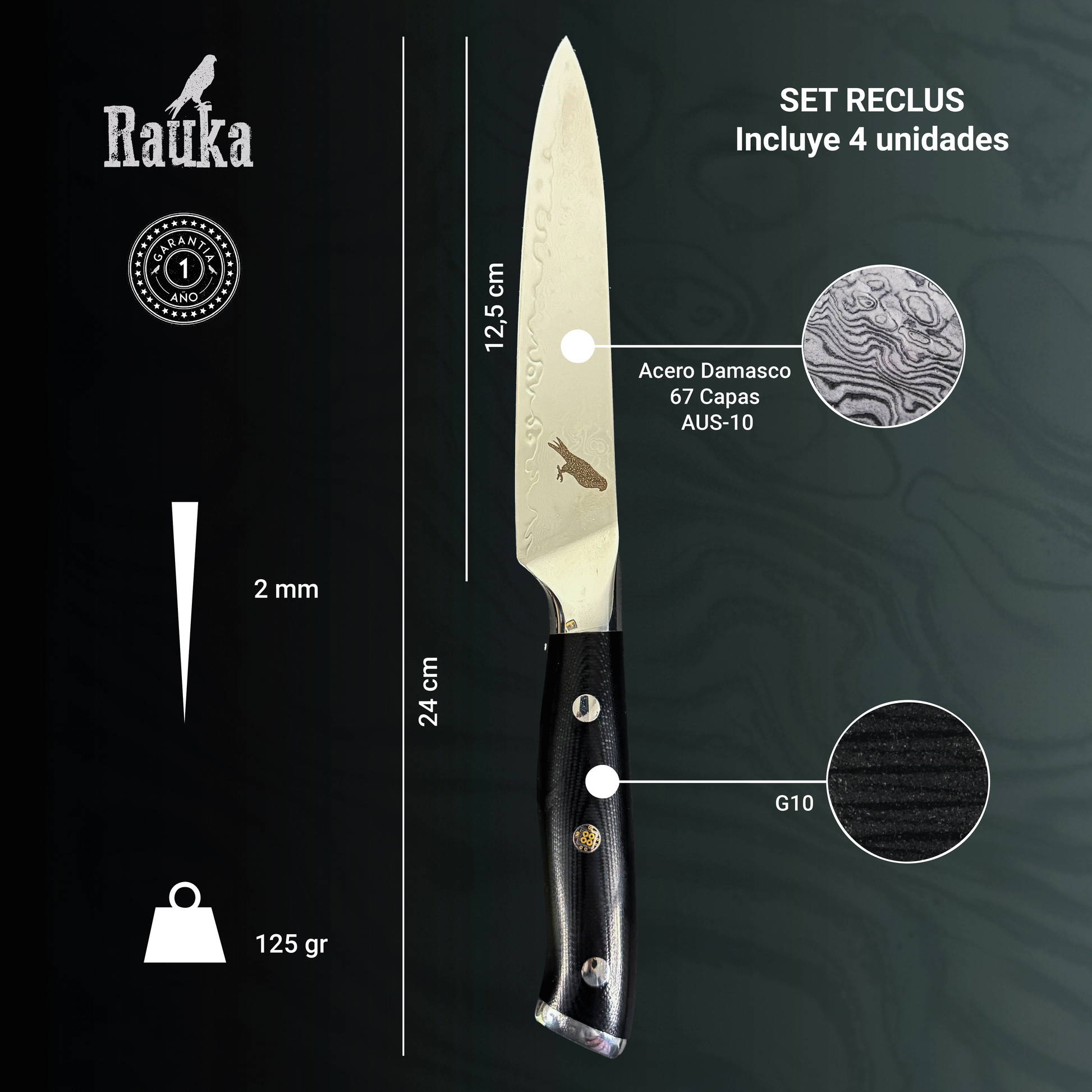 Ficha técnica Set de 4 Cuchillos de Mesa de Acero Damasco 24cm "Reclus"