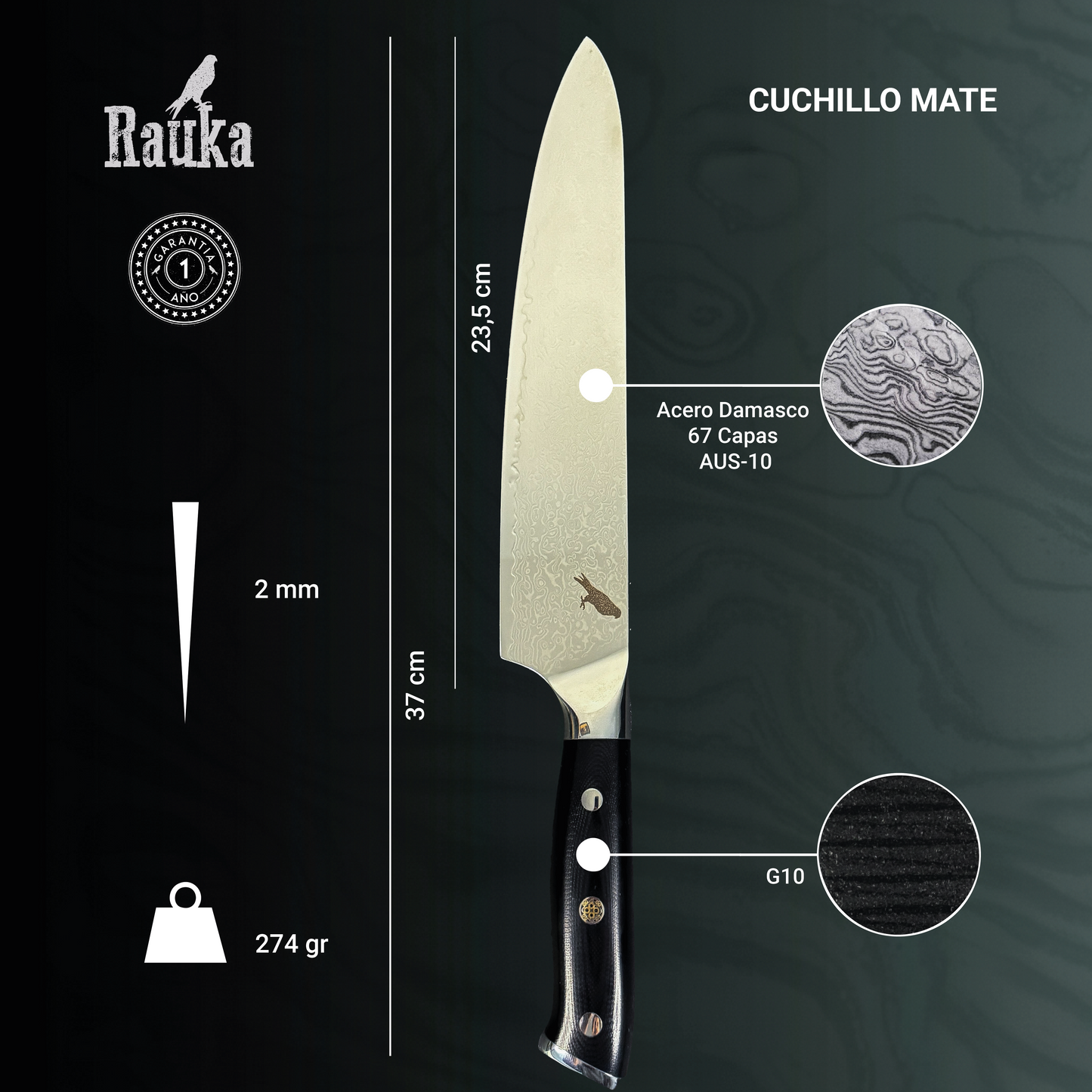 Cuchillo de Cocina/Parrilla de Acero Damasco 37cm "Mate"