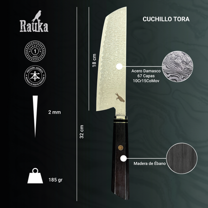 Cuchillo Nakiri de Cocina de Acero Damasco 32cm "Tora"
