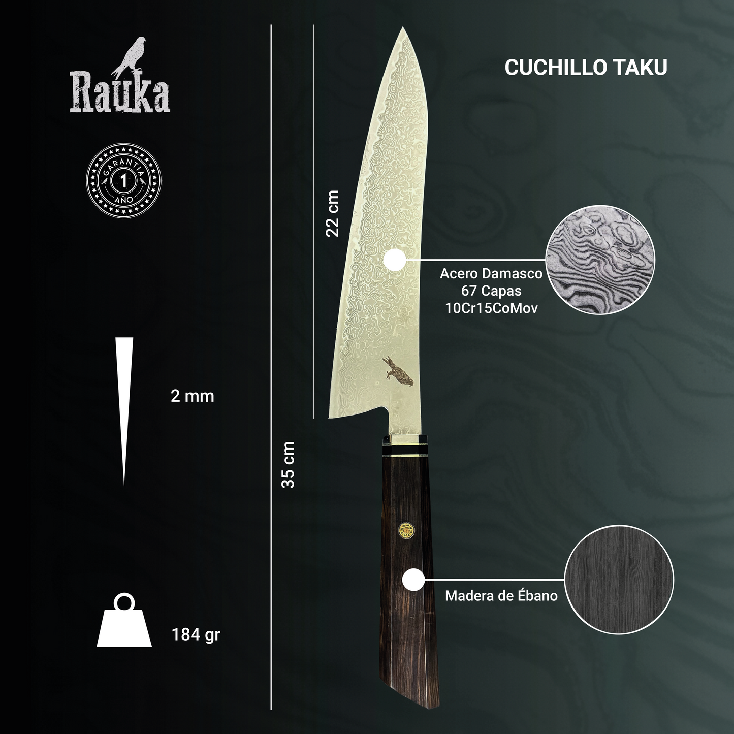 Ficha técnica Cuchillo de Chef de Acero Damasco 35cm "Taku"
