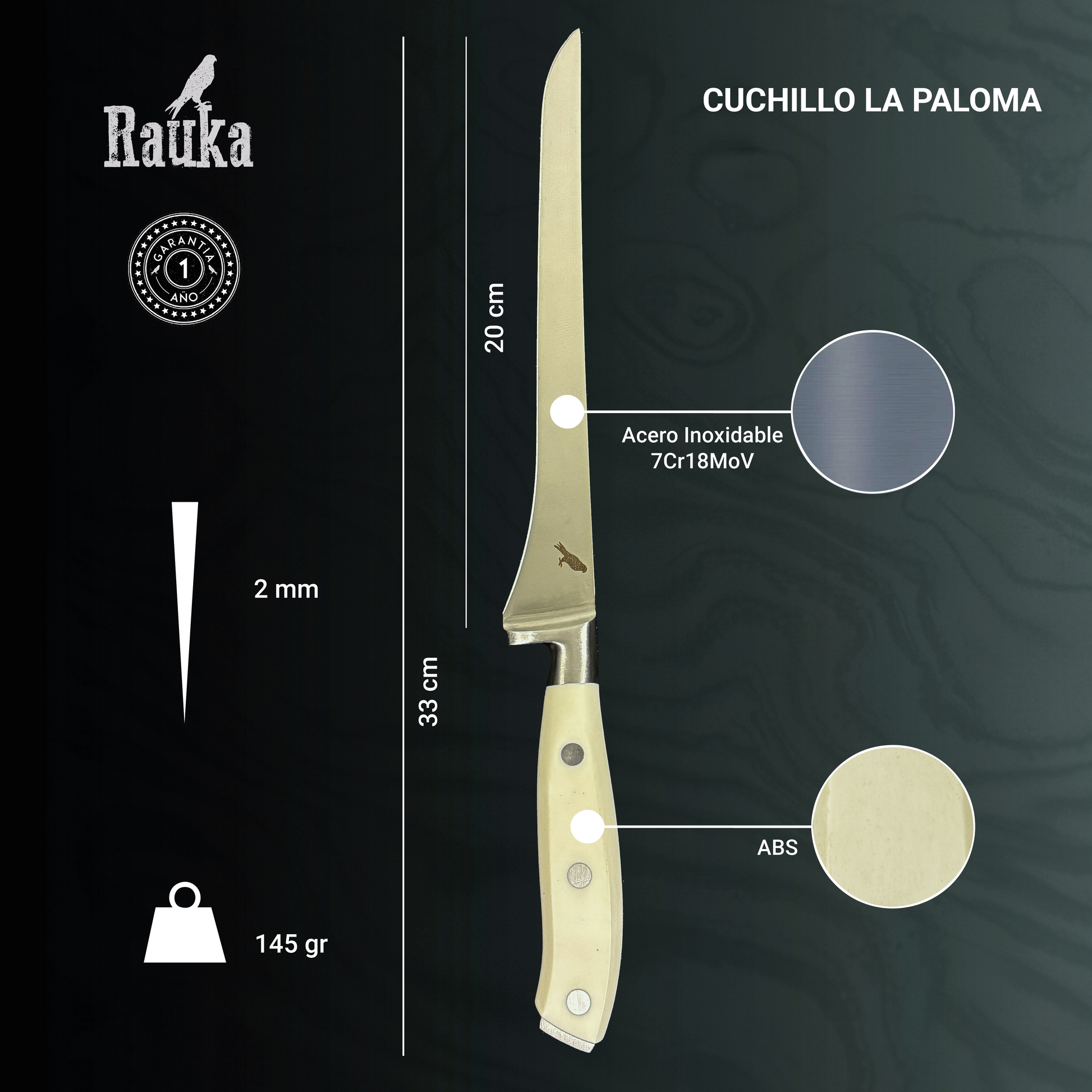 Ficha técnica Cuchillo Fileteador de Cocina de Acero Inoxidable 33cm "La Paloma"