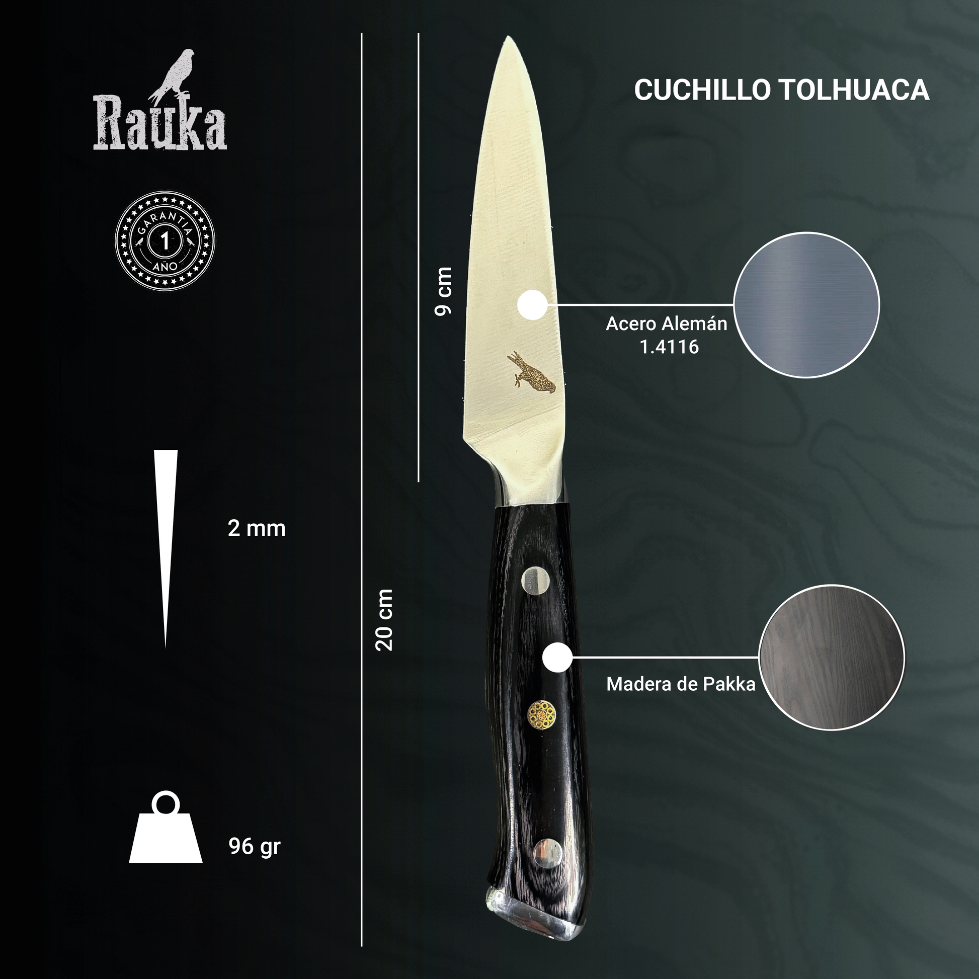 Ficha técnica Cuchillo Puntilla de Acero Inoxidable 20cm "Tolhuaca"