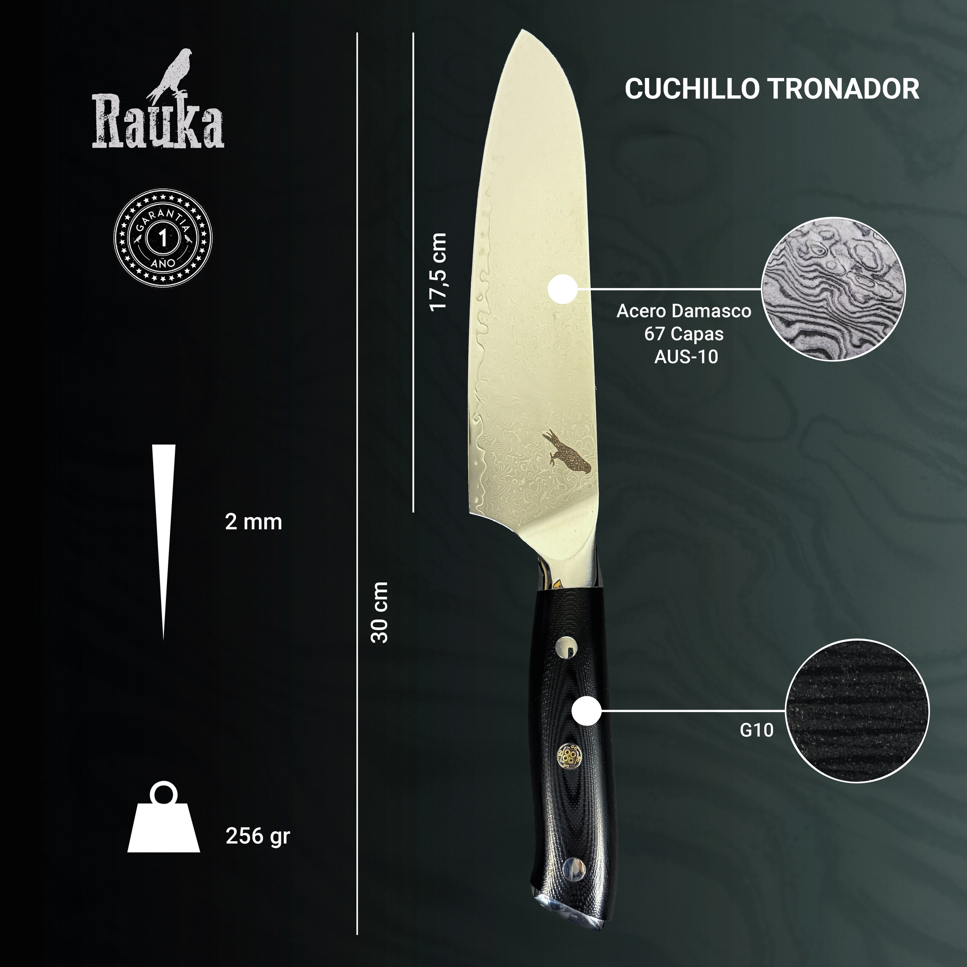 Ficha técnica Cuchillo Santoku de Acero Damasco 30cm "Tronador"