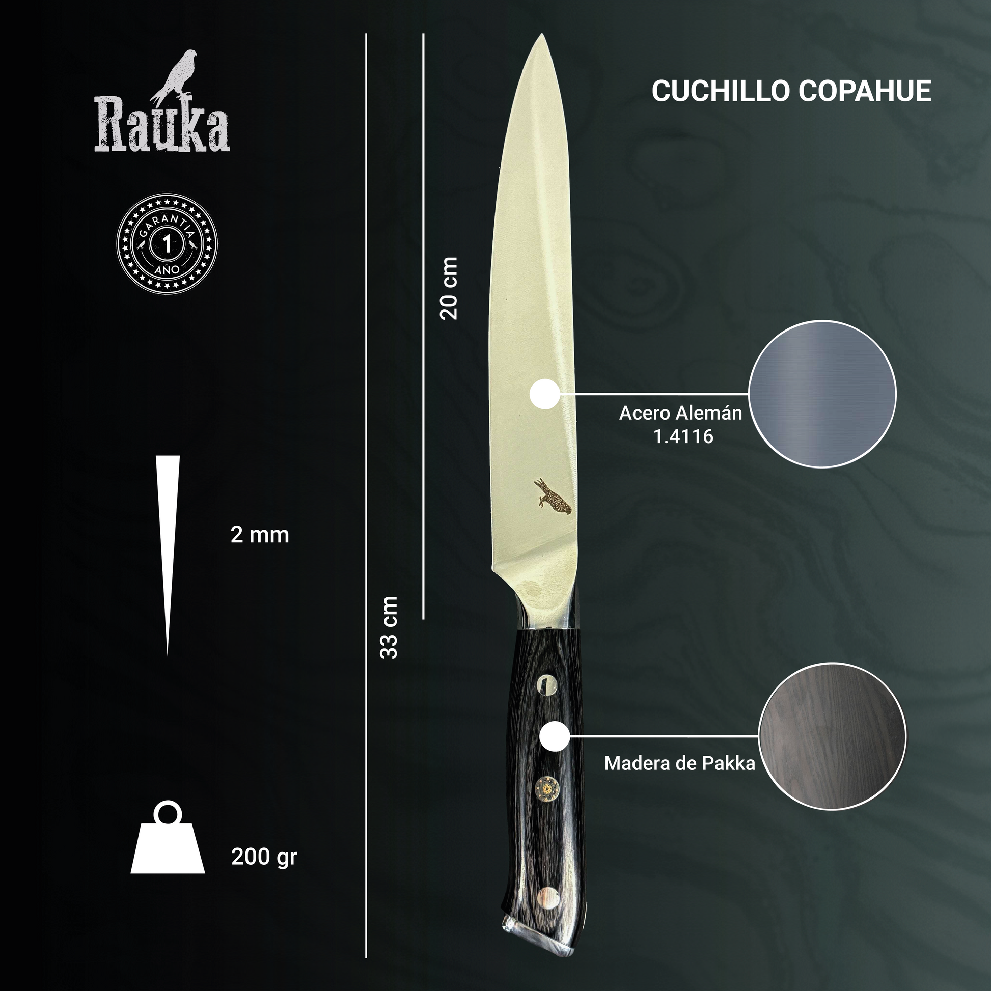 Ficha técnica Cuchillo de Cocina de Acero Inoxidable 33cm "Copahue"