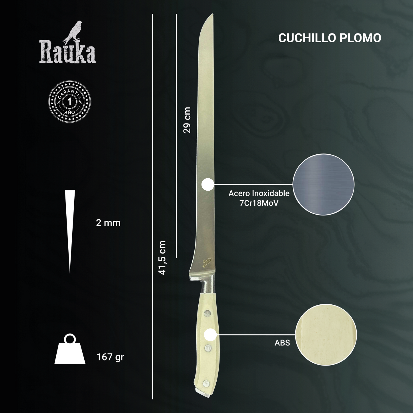 Ficha técnica Cuchillo Jamonero de Acero Inoxidable 41cm "Plomo"