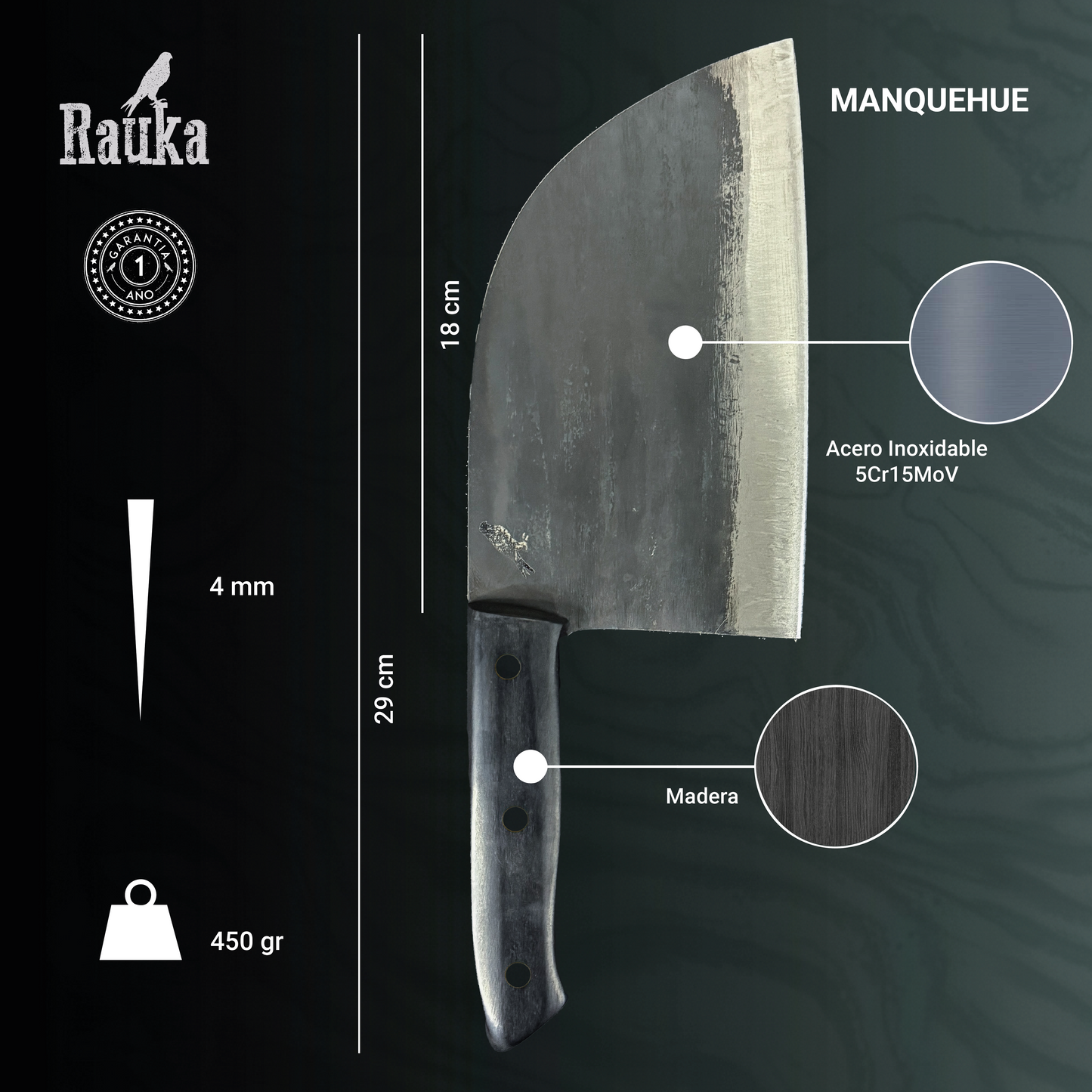 Ficha técnica Hacha Serbian de Cocina Forjada Acero al Carbono 29cm "Manquehue"