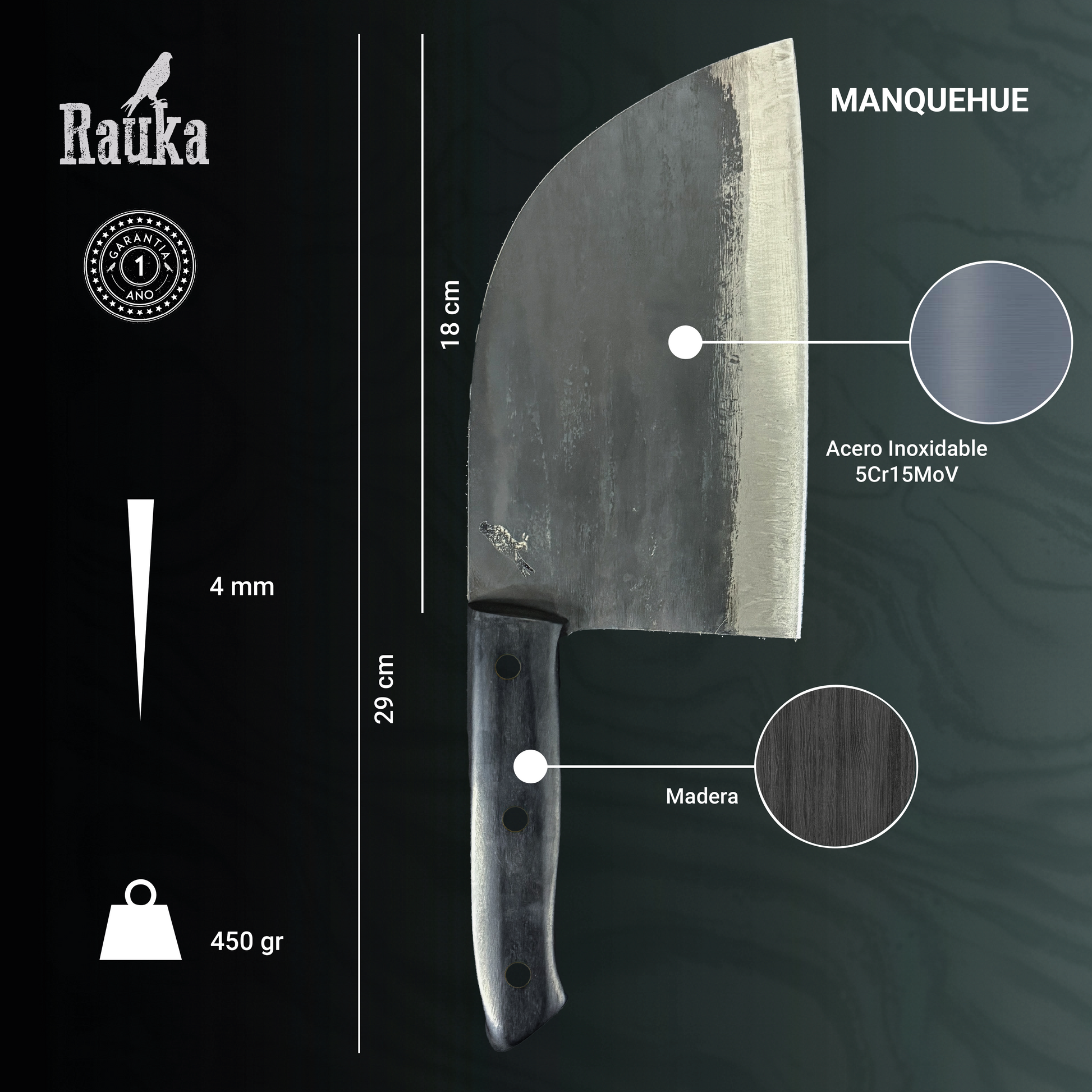 Ficha técnica Hacha Serbian de Cocina Forjada Acero al Carbono 29cm "Manquehue"