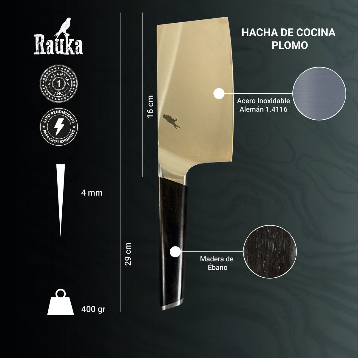 Ficha técnica de hacha de cocina cleaver de acero inoxidable 29 cm Plomo Rauka