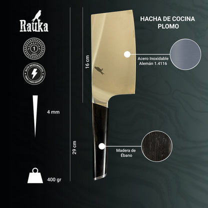 Ficha técnica de hacha de cocina cleaver de acero inoxidable 29 cm Plomo Rauka