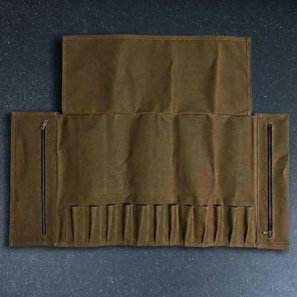 Estuche Profesional para 12 Cuchillos en Lona Encerada y Cuero “Morral Verde”