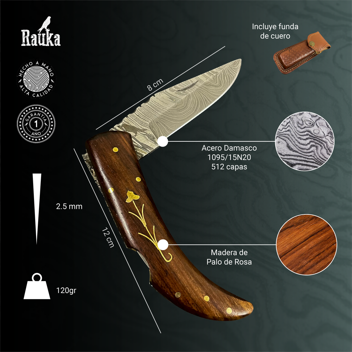 Navaja de Acero Damasco 20 cm Petrohué Rauka, vista adicional 2
