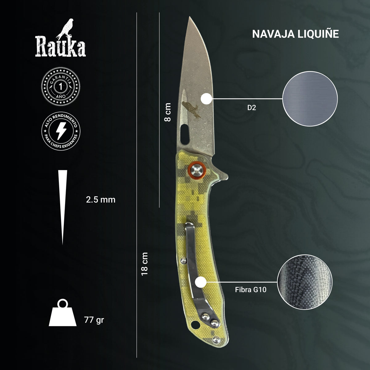 Ficha técnica de navaja inox D2 18 cm Liquiñe Rauka