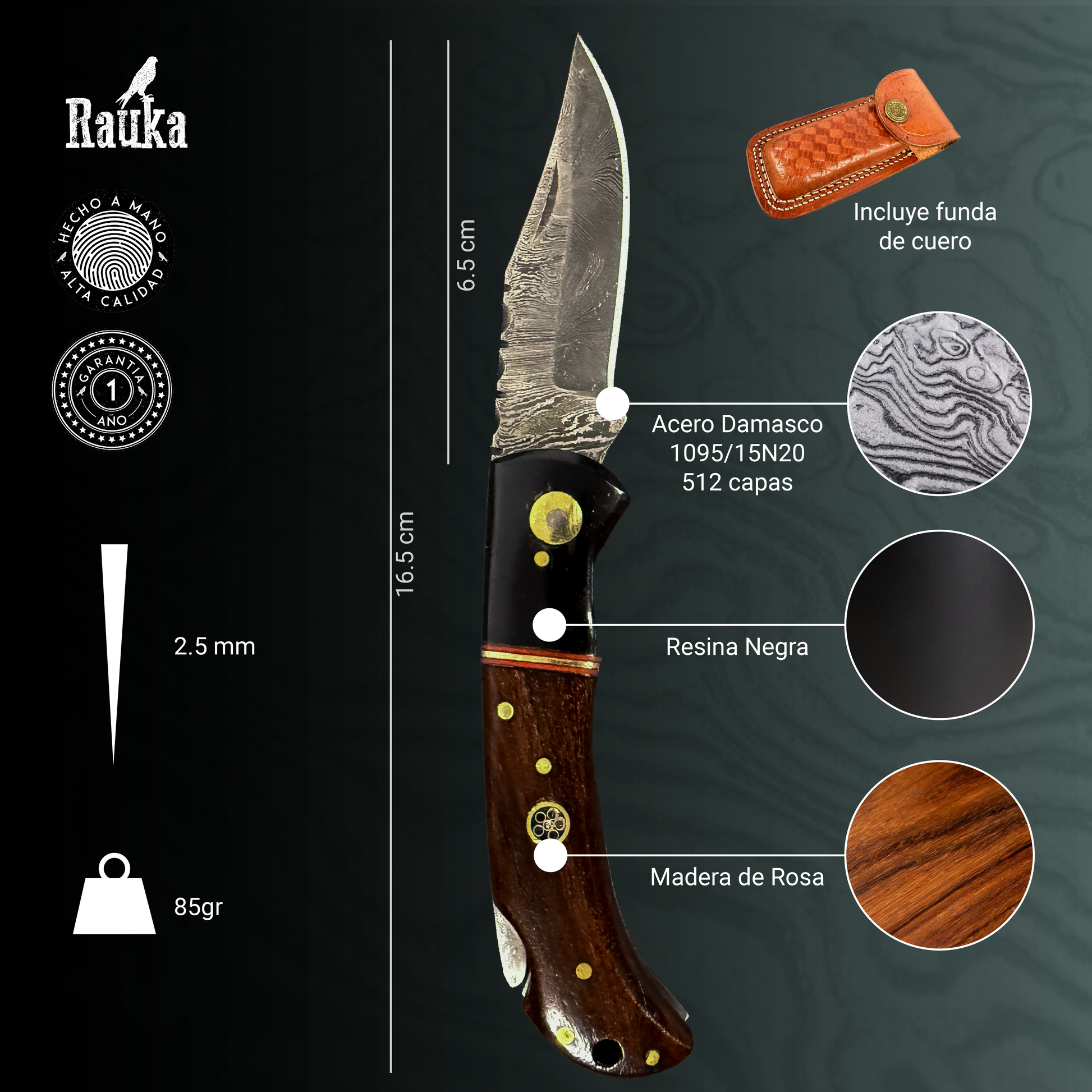 Navaja Damasco Rauka Puelo ideal para aventuras outdoor y uso diario.
