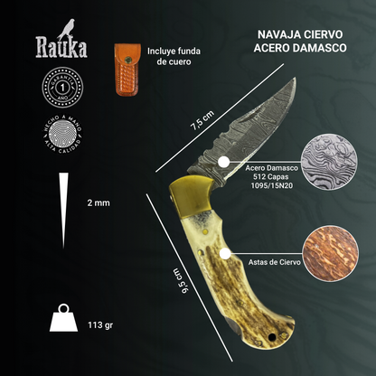 Vista superior del Navaja de Acero Damasco 17,5cm “Ciervo“