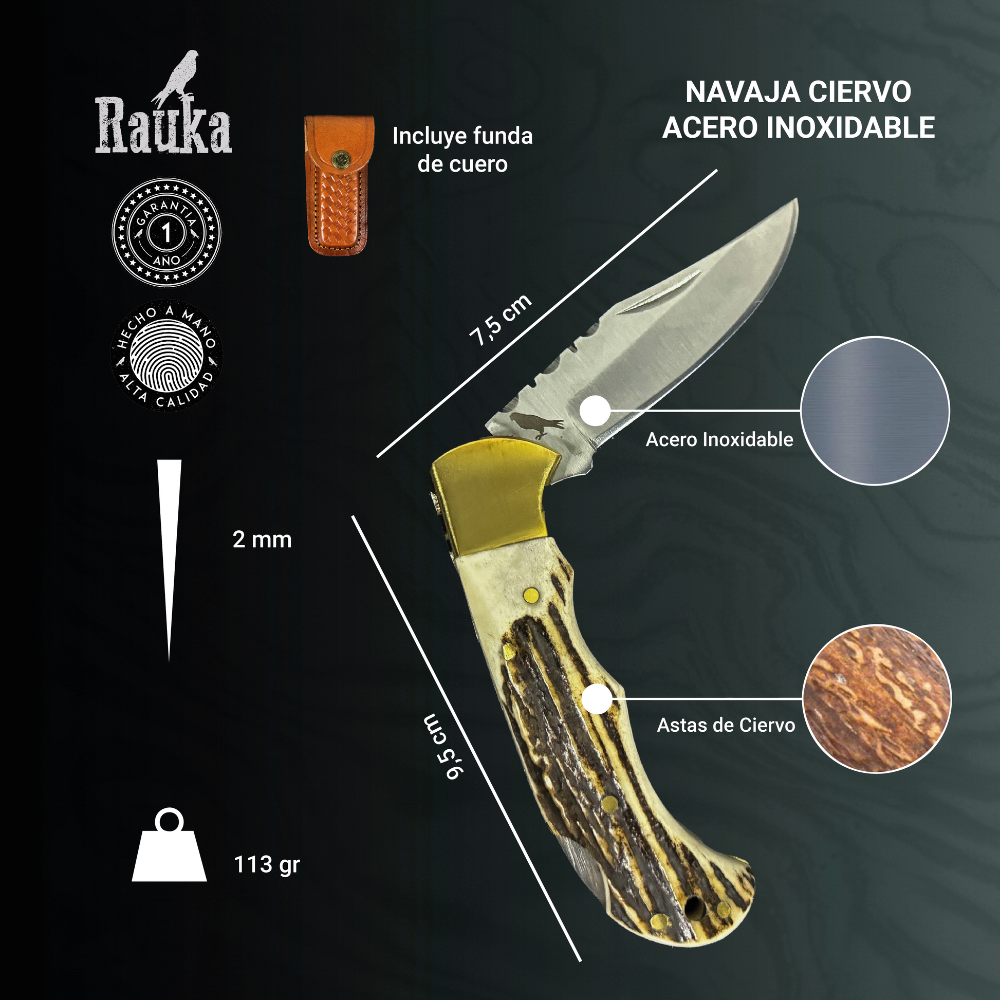 Vista superior del Navaja de Acero Inoxidable 17,5cm “Ciervo“