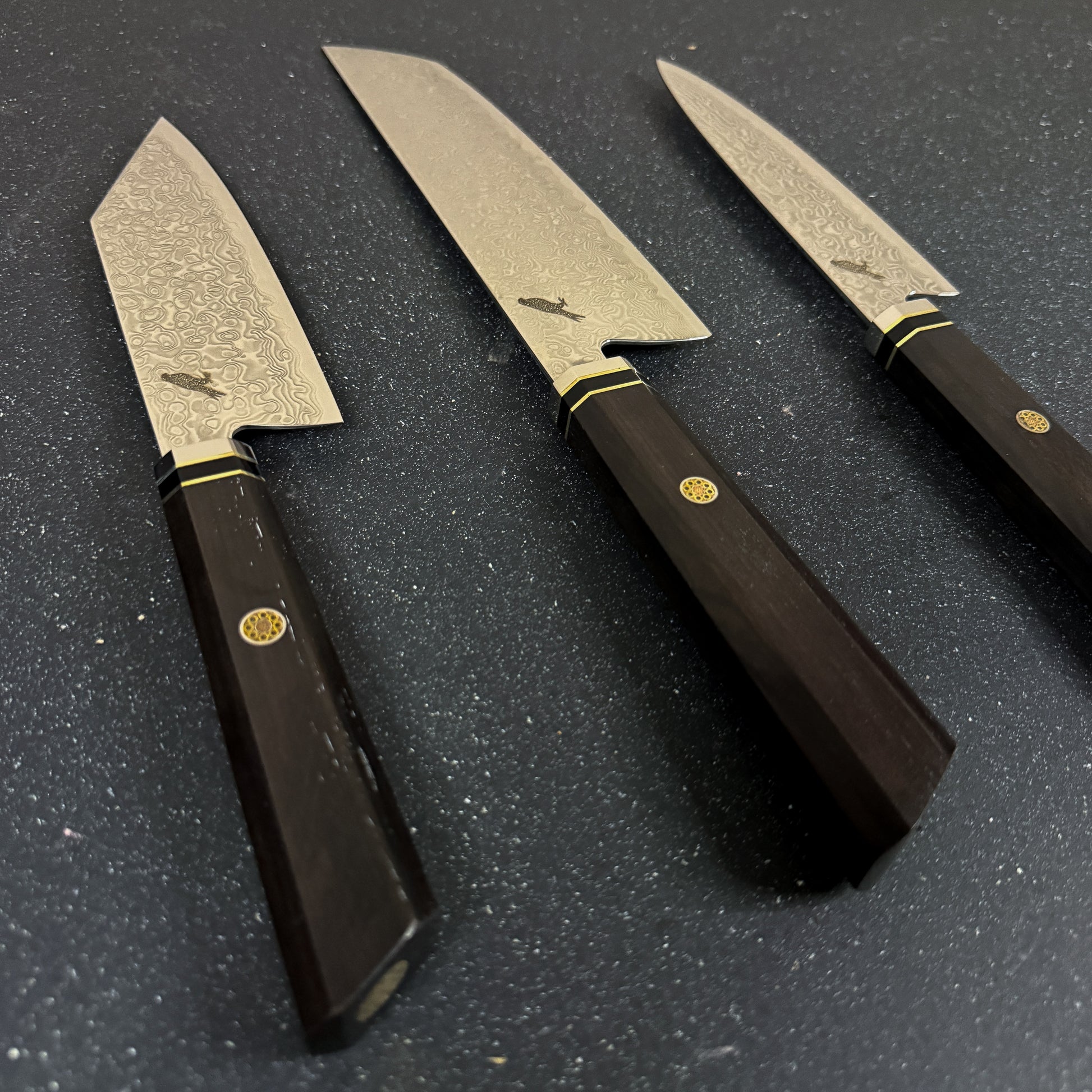 Cuchillos japoneses damasco Rauka para cocina con barra magnética organizadora