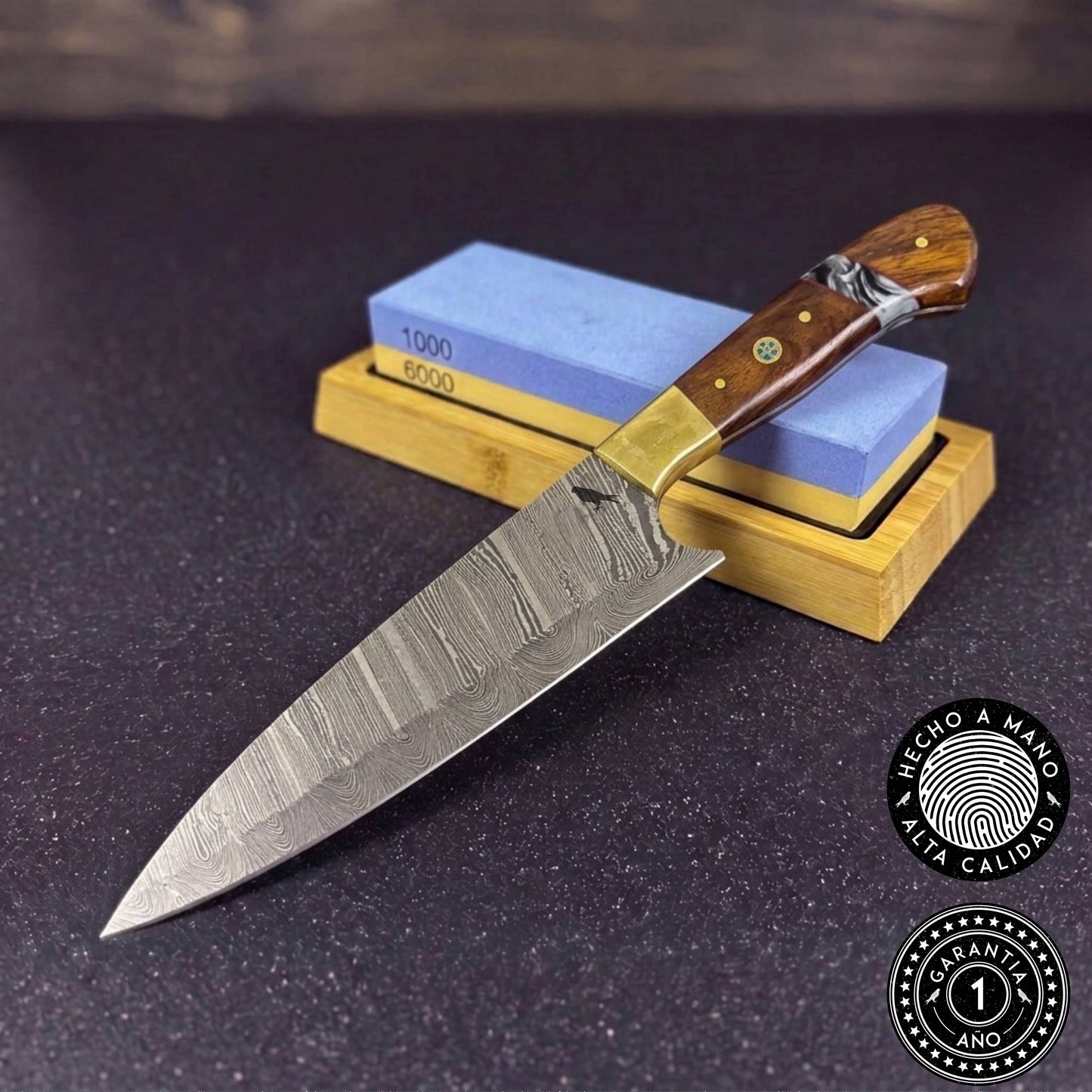 Cuchillo Damasco 32cm "Colico" + Piedra para Afilar 1000/6000 (Suave)