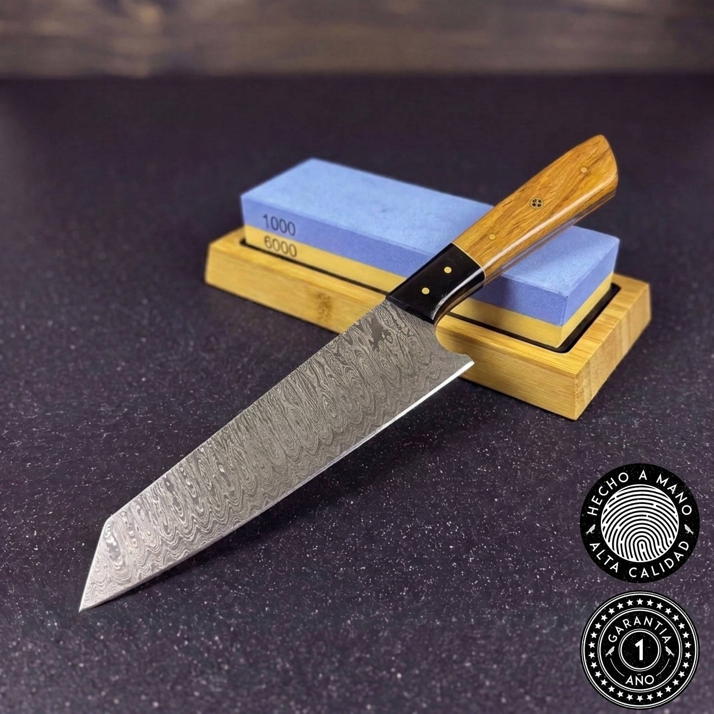 Cuchillo Kiritsuke Damasco 33cm "Maihue" + Piedra para Afilar 1000/6000 (Suave)