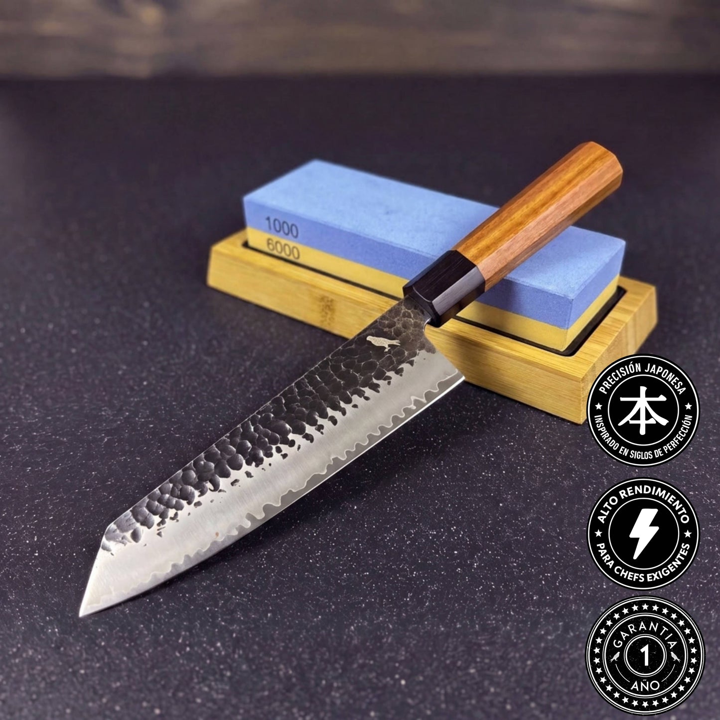 Cuchillo de Cocina Kiritsuke Acero Damasco 3 capas 38cm "Naoki" y Piedra para Afilar Cuchillos 1000/6000 (Suave)