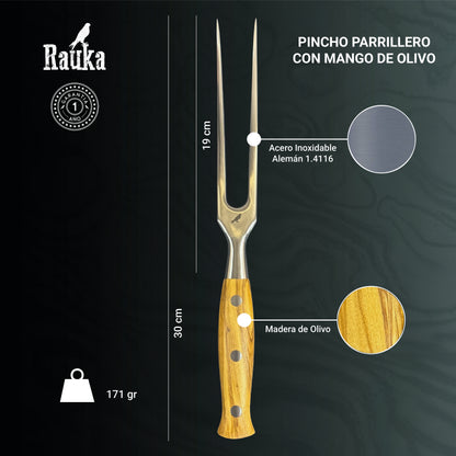 Ficha técnica de pincho parrillero de acero inoxidable con mango de olivo 30 cm Rauka