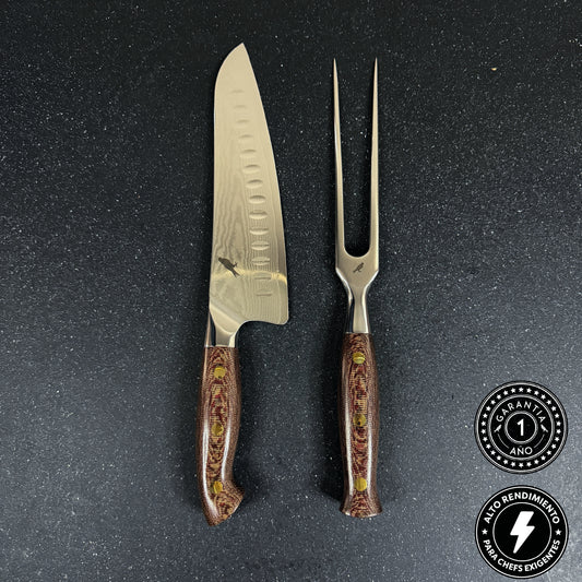 Conjunto Parrillero de Acero Damasco Cuchillo y Pincho 34cm "Llaima"