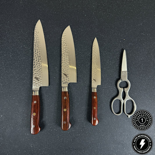 Set Profesional de 3 Cuchillos de Acero Damasco y Tijeras "Lonquimay"