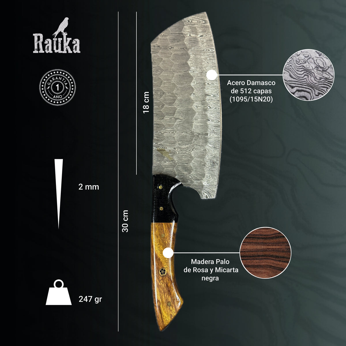 Ficha técnica de set de 3 cuchillos de cocina de acero damasco Huerquehuito Rauka, imagen 1