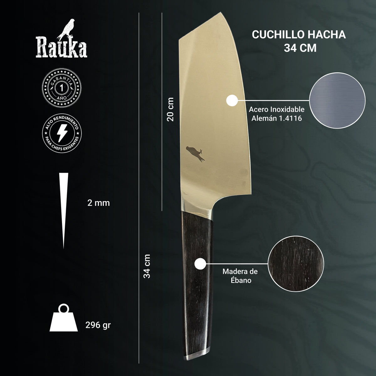 Ficha técnica de set de 4 cuchillos de cocina y bloque magnético Cay Rauka