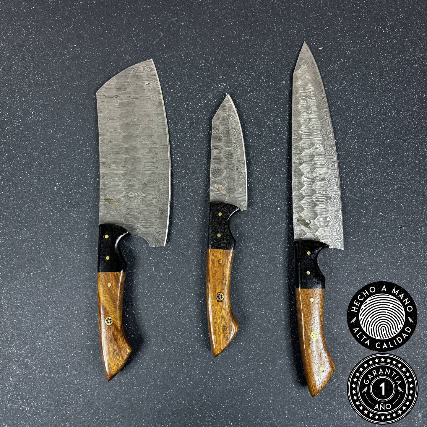 Set de 3 Cuchillos de Cocina de Acero Damasco "Huerquehuito"