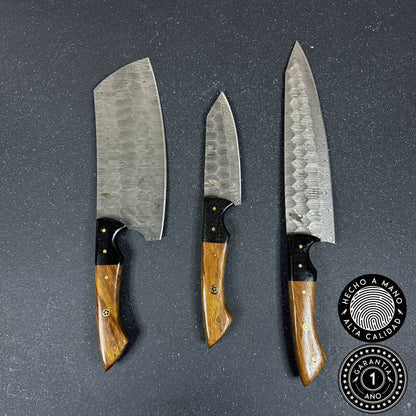 Set de 3 Cuchillos de Cocina de Acero Damasco "Huerquehuito"