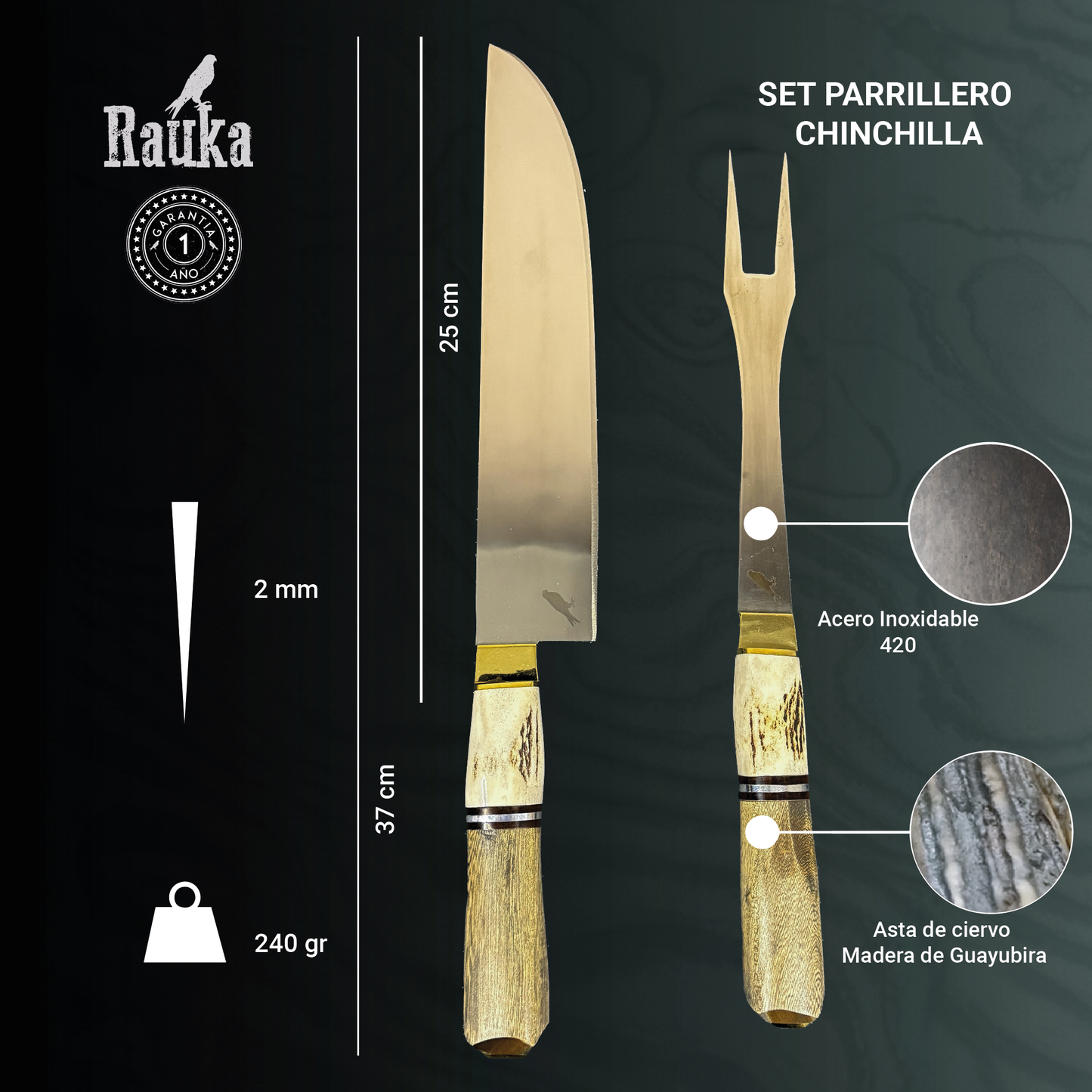 Cuchillo Parrillero 37cm “Chinchilla" + Pincho – vista completa del set