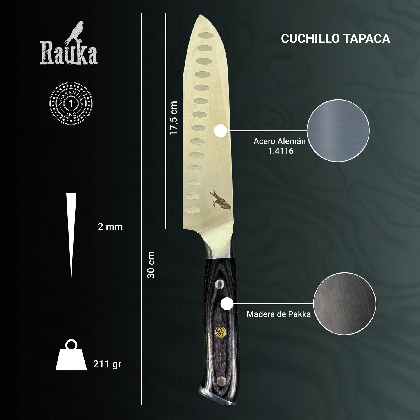 Vista superior del Cuchillo Santoku de Cocina de Acero Inoxidable 30cm "Tapaca"