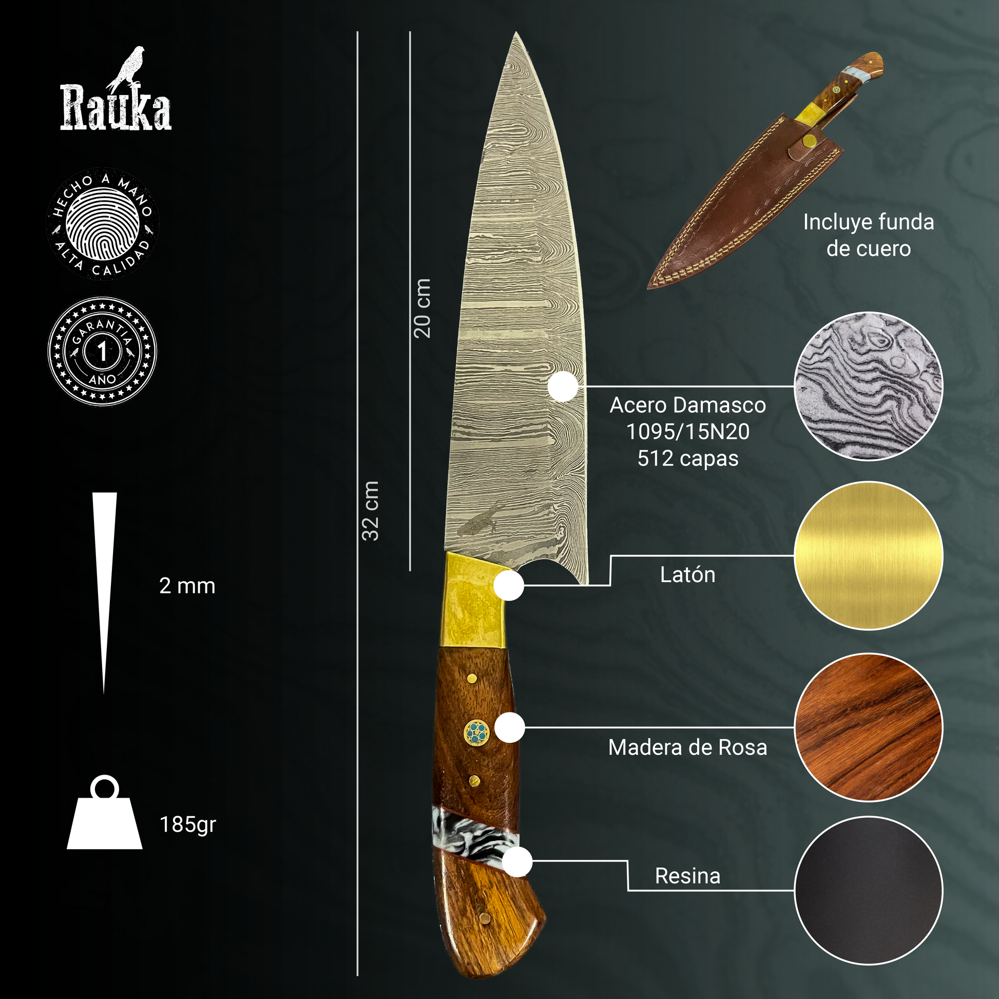 Cuchillo profesional Colico Rauka con mango de resina y funda de cuero